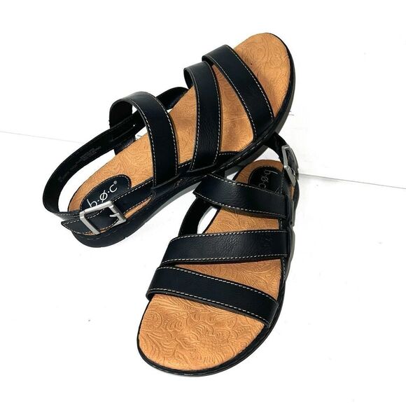 Born b.o.c Womens 9 M Black Faux Leather Sandals Sling Back Flat Open Toe Casual - Picture 1 of 11
